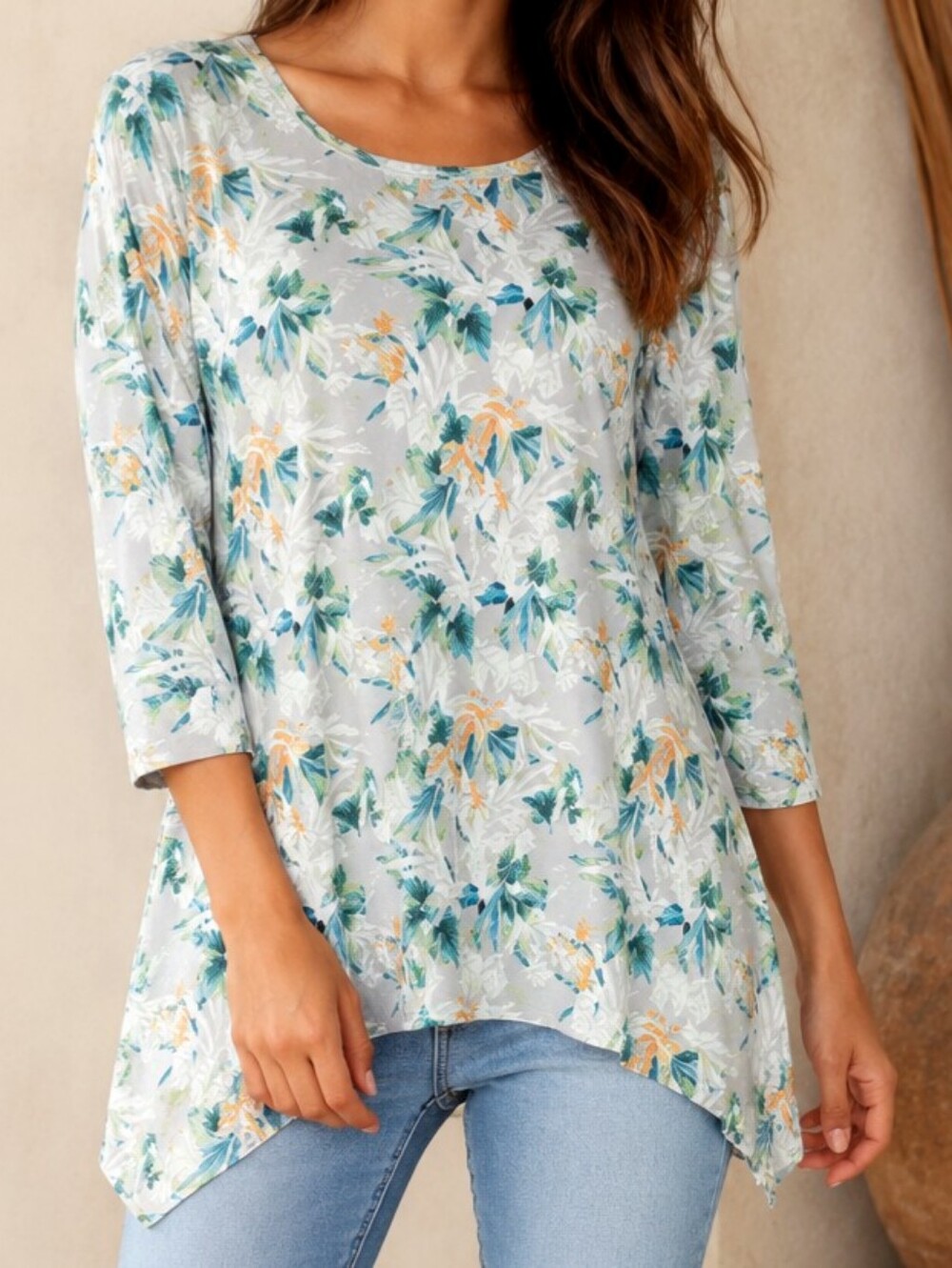 Fresh Produce Tunic Top‎ Womens XS Floral Asymmetric Hem 3/4 Sleeve Made USA